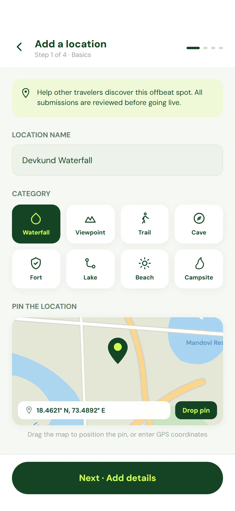Trevvo app screen: addBasics