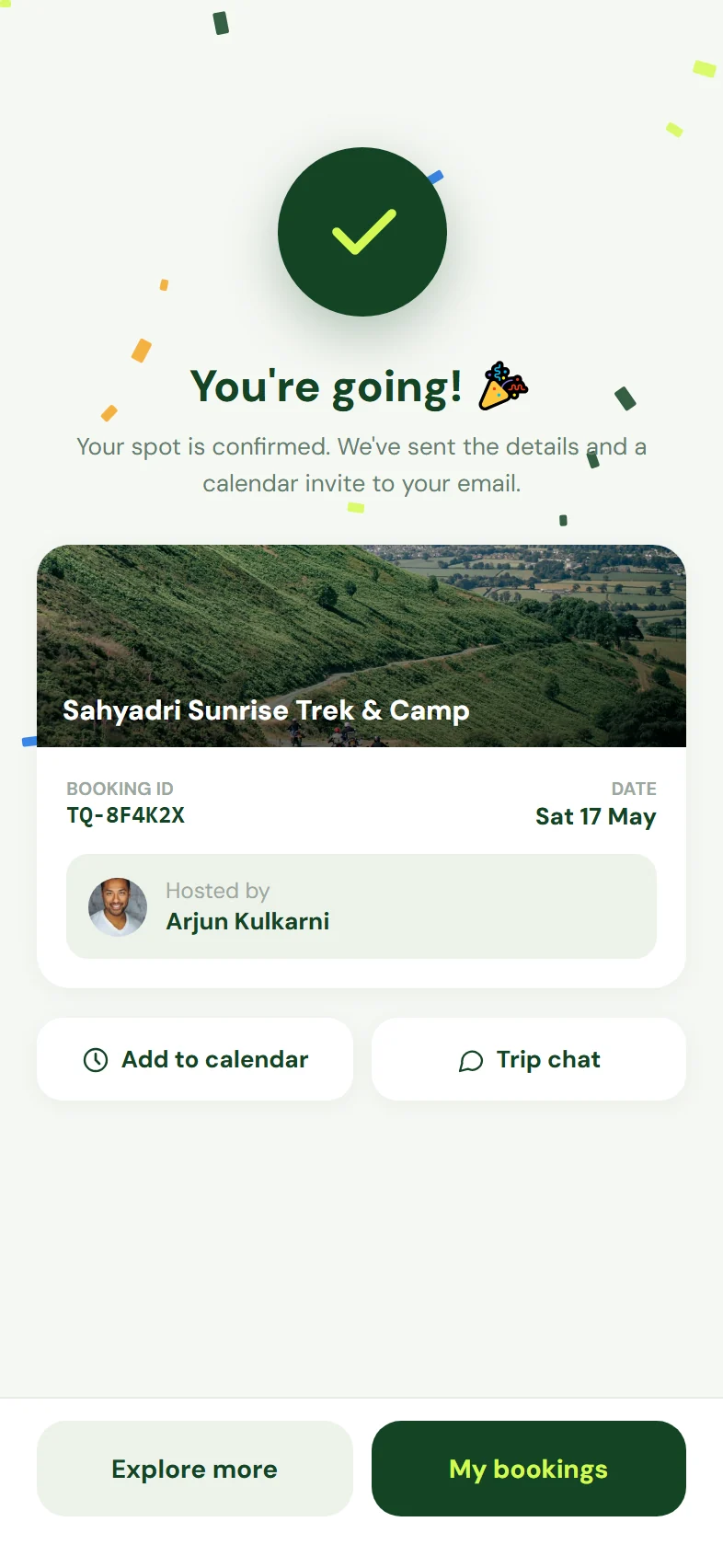 Trevvo app screen: bookSuccess