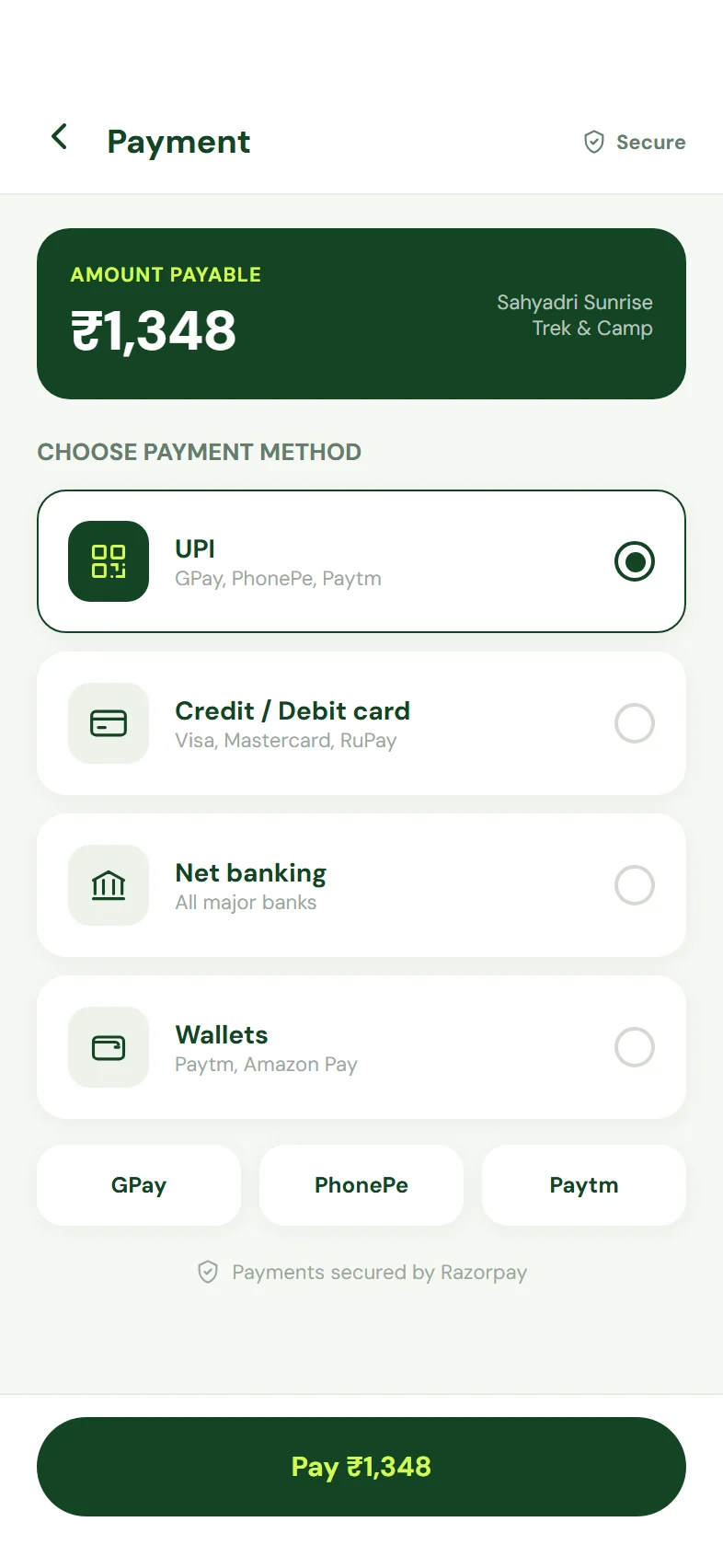 Trevvo app screen: payment